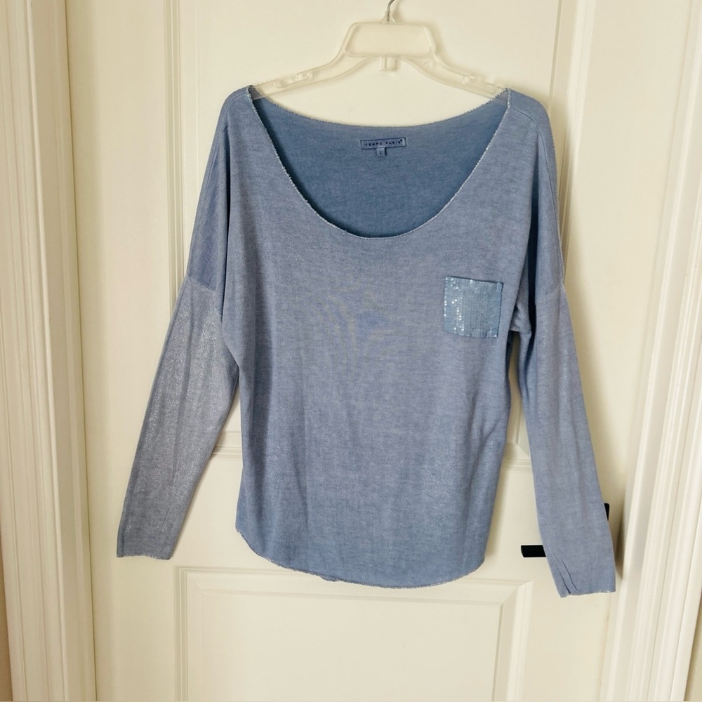 Tempo Paris Womens Large Blue Sequin Silver Glitter L/S Pocket Top